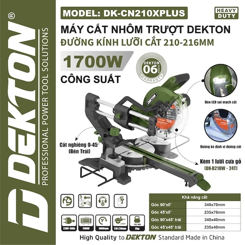 Máy Cắt Nhôm Trượt Dekton DK-CN210XPLUS (1700W) – Lưỡi 210-216mm, Có Đèn LED & Tia Định Vị