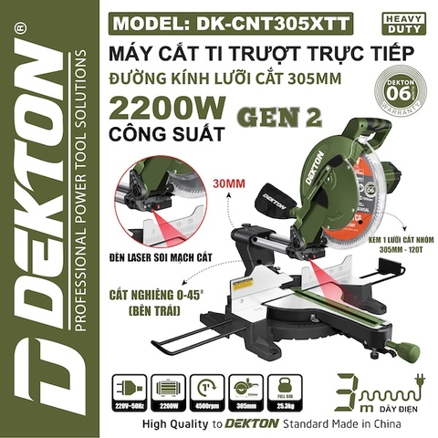 Máy Cắt Ti Trượt Trực Tiếp Dekton DK-CNT305XTT (Gen 2) – Công Suất 2200W, Lưỡi 305mm, Có Laser – Chính Hãng