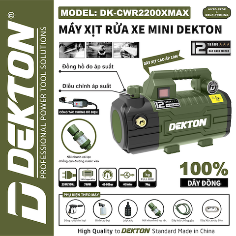 Máy Xịt Rửa Xe Mini Dekton DK-CWR2200XMAX (790W) - Có Chỉnh Áp, Motor 100% Dây Đồng
