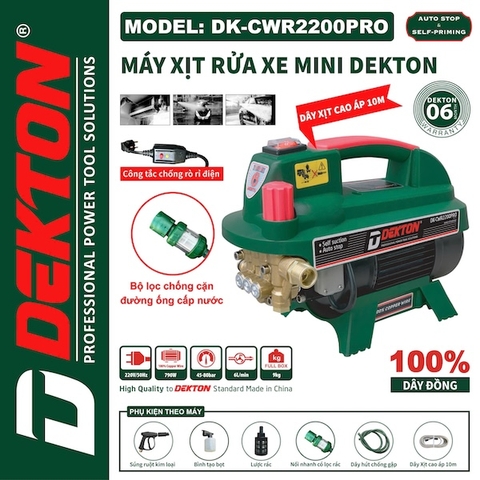 Máy Rửa Xe Mini Dekton DK-CWR2200PRO Chỉnh Áp 2200W, Motor Cảm Ứng Từ, Tự Hút Nước