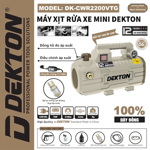Máy Xịt Rửa Xe Mini Dekton DK-CWR2200VTG 790W (Có Chỉnh Áp, Chống Giật, Dây Đồng)