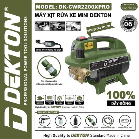 Máy Xịt Rửa Xe Mini Dekton DK-CWR2200XPRO - Công Suất 2200W, Chống Rò Điện, Tự Hút Nước