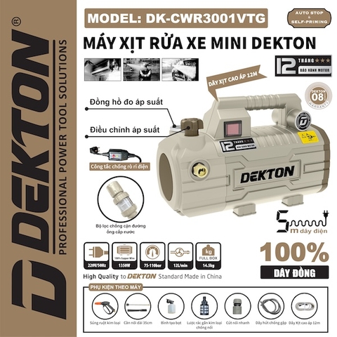 Máy Xịt Rửa Xe Mini Dekton DK-CWR3001VTG 1350W (Chỉnh Áp 110 Bar, Dây Đồng 100%, Dây Xịt 12M)