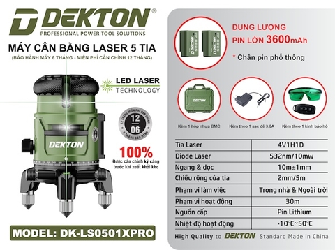 Máy Cân Bằng Laser 5 Tia Xanh Dekton DK-LS0501XPRO - Pin Lớn 3600mAh, Chân Pin Phổ Thông