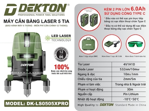 Máy Cân Bằng Laser 5 Tia Xanh Dekton DK-LS0505XPRO - Kèm 2 Pin 6.0Ah, Sạc Type C