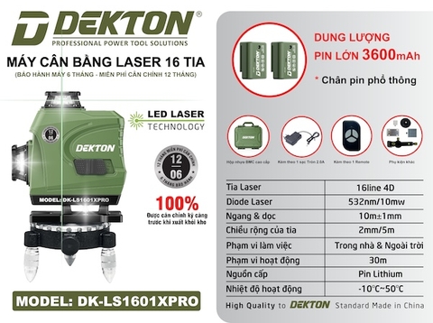 Máy Cân Bằng Laser 16 Tia Xanh Dekton  DK-LS1601XPRO - Pin Lớn 3600mAh, Kèm Remote