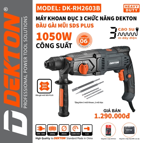 Máy Khoan Đục Bê Tông 1050W 3 chức năng Dekton DK-RH2603B Nâng Cấp Mới Màu Xám