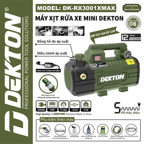 Máy Xịt Rửa Xe Mini Dekton DK-RX3001XMAX - Có Chỉnh Áp, Chống Rò Điện, Motor Cảm Ứng Từ 100% Đồng