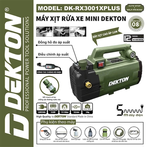 Máy Xịt Rửa Xe Mini Dekton DK-RX3001XPLUS - Có Chỉnh Áp, Motor Cảm Ứng Từ, Chuyên Rửa Xe & Vệ Sinh Máy Lạnh