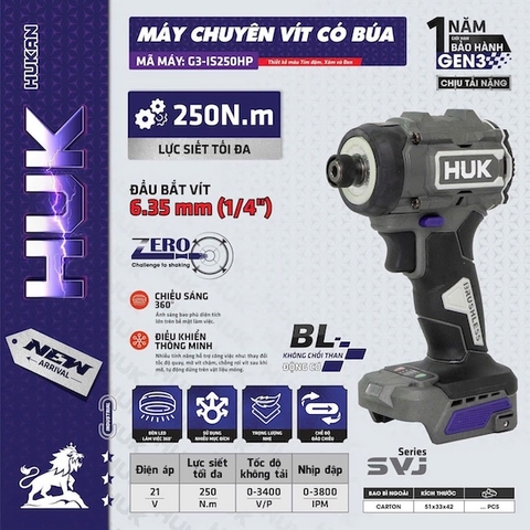 Máy Chuyên Vít Có Búa Pin 21V Hukan G3-IS250HP, Động Cơ Không Chổi Than (Brushless), Lực Siết 250Nm