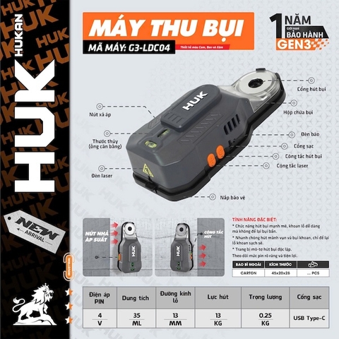 Máy hút bụi khoan tường HUKAN G3-LDC04 - Tích hợp đèn Laser và Thước thủy cân bằng