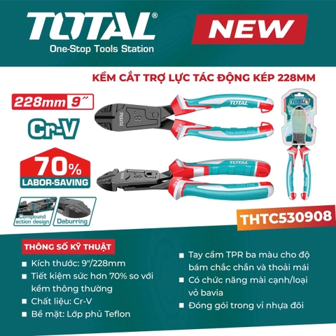 Kềm Cắt Trợ Lực Tác Động Kép 228mm Total THTC530908 – Tiết Kiệm 70% Lực (Chính Hãng)