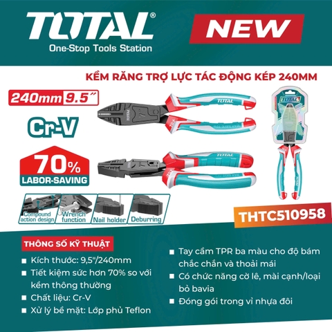 Kềm Răng Trợ Lực Tác Động Kép 240mm Total THTC510958 – Tiết Kiệm 70% Lực (Chính Hãng)