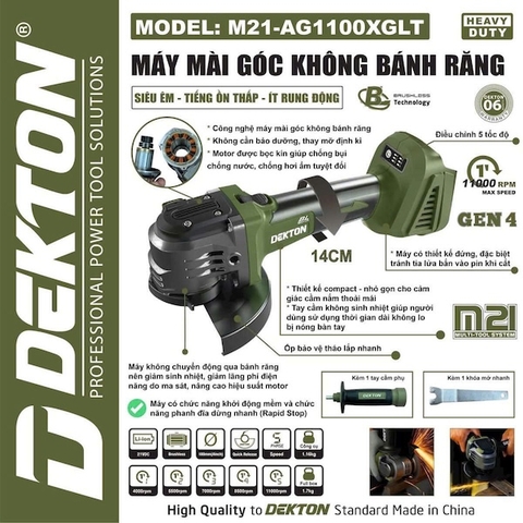 Máy Mài Góc Không Bánh Răng Dekton M21-AG1100XGLT, 21V, Lưỡi 100mm