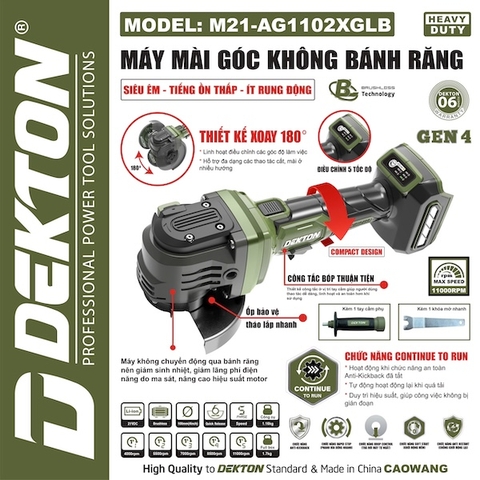 Máy Mài Góc Không Bánh Răng Dekton M21-AG1102XGLB 21V Brushless Gen 4 Điều Chỉnh 5 Tốc Độ 100mm