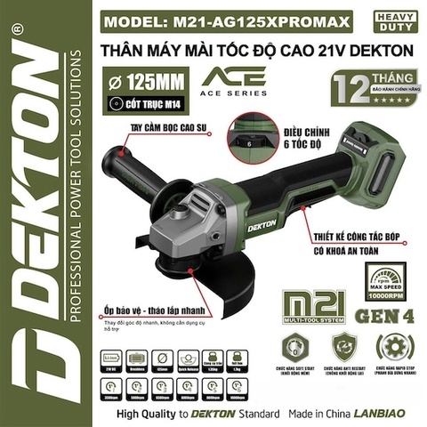 Máy Mài Góc Pin Dekton M21-AG125XPROMAX 21V 125mm Không Chổi Than, Chỉnh 6 Tốc Độ, Cốt M14