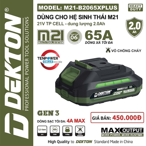 Pin Li-ion DEKTON M21-B2065PLUS (21V/2.0Ah), Dòng Xả Cao 65A, Dùng cho Hệ Sinh Thái M21 (Gen 3)
