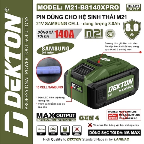 Pin Dekton 21V 8.0Ah M21-B8140PRO – Cell Samsung Cao Cấp, Dòng Xả 140A Siêu Mạnh