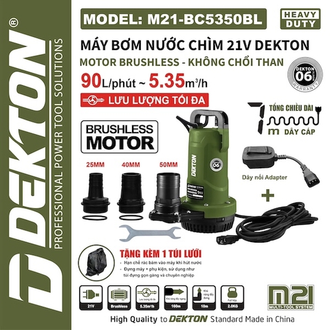 Máy Bơm Nước Chìm Pin 21V DEKTON M21-BC5350BL Motor Brushless Lưu Lượng 5.35m³/h