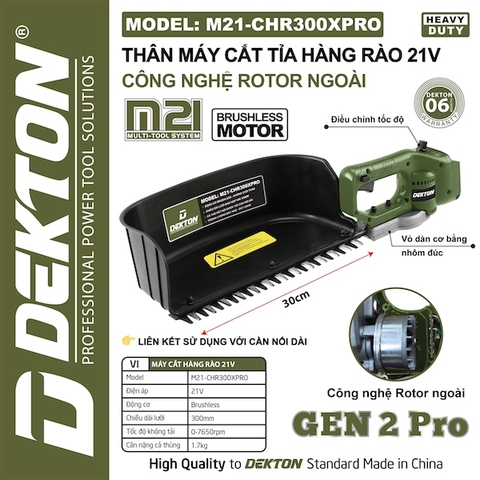 Máy Cắt Tỉa Hàng Rào Pin 21V Dekton M21-CHR300XPRO | Động Cơ Brushless - Có Thể Kết Nối Cần Dài