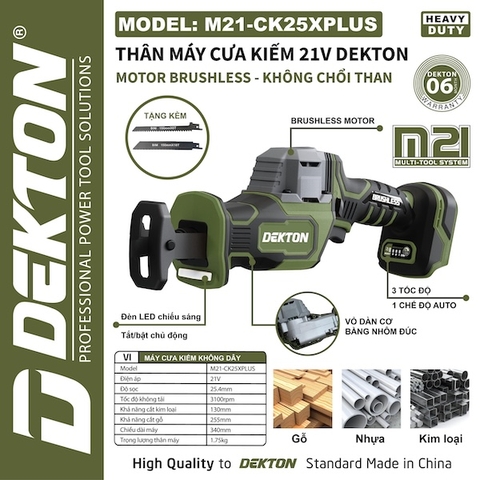 Máy Cưa Kiếm Dùng Pin DEKTON 21V M21-CK25XPLUS Không Chổi Than (3 Tốc Độ, Cắt Gỗ/Kim Loại)