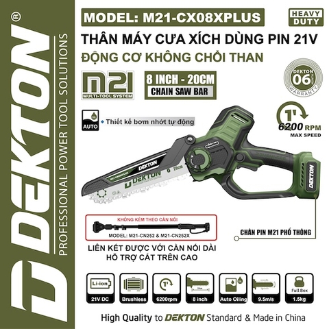 Máy Cưa Xích Dùng Pin Dekton M21-CX08XPLUS 21V Brushless Lam 8 Inch 20cm Bơm Dầu Tự Động Cưa Cành Cưa Gỗ