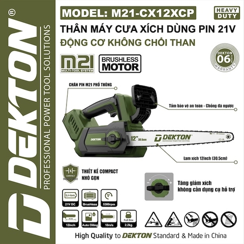Máy Cưa Xích Pin 21V Dekton M21-CX12CP, Động Cơ Không Chổi Than (Brushless), Lam Xích 12 inch