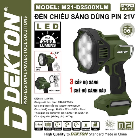 Đèn Chiếu Sáng Dùng Pin Dekton M21-D2500XLM 21V 2500 Lumens 3 Cấp Độ Sáng Đèn LED Cầm Tay Công Trình