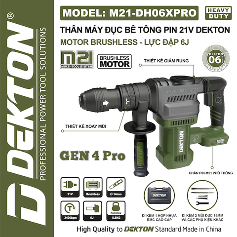 Máy Đục Bê Tông Pin 21V DEKTON M21-DH06XPRO Motor Brushless Lực Đập 6J