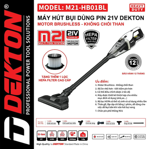Máy hút bụi hoạt động bằng pin hiệu DEKTON, Model: M21-HB01BL; 21V, dung tích hộp chứa 0.6L, 150W