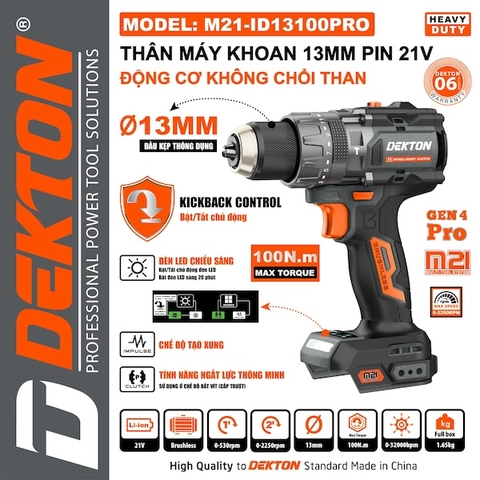 Máy Khoan Pin 13mm Dekton M21-ID13100PRO | Gen 4 Pro - Lực Kéo 100N.m - Chống Vặn Cổ Tay (Kickback Control)