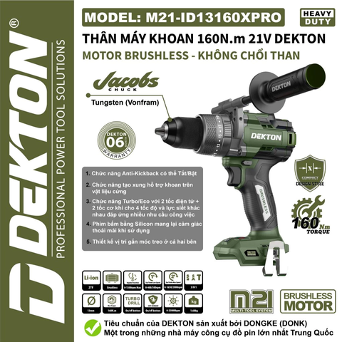 Máy Khoan Búa Pin DEKTON M21-ID13160XPRO (160N.m) Động Cơ Không Chổi Than, Chống Giật Anti-Kickback