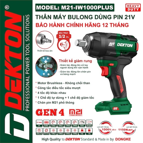 Máy Siết Bu Lông Pin 21V Dekton M21-IW1000PLUS – Lực Siết 1000Nm, Gen 4
