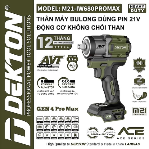 [ACE series] Máy Siết Bulong 680Nm Dùng Pin 21V Dekton M21-IW680PROMAX Thế hệ mới nhất GEN 4, chân pin phổ thông