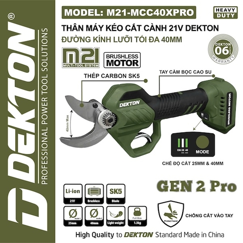 Kéo cắt cành chạy pin DEKTON M21-MCC40XPRO không chổi than 21V lưỡi 40mm (GEN 2 Pro)