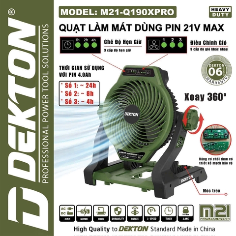 Quạt Dùng Pin 21V Dekton M21-Q190XPRO (Màu Olive) – Xoay 360 Độ, Chống Nước IPX4, Hàng Chính Hãng