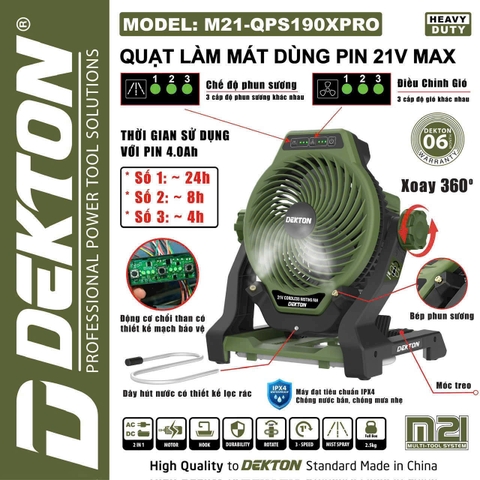 Quạt Phun Sương Dùng Pin 21V Dekton M21-QPS190XPRO (Màu Olive) – Kháng Nước IPX4, Chân Pin Phổ Thông M21