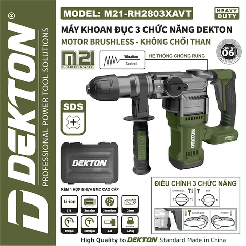 MÁY KHOAN ĐỤC BÊ TÔNG DÙNG PIN DEKTON M21-RH2803XAVT MÀU OLIU - MOTOR KHÔNG CHỔI THAN, CÓ CHỐNG RUNG AVT