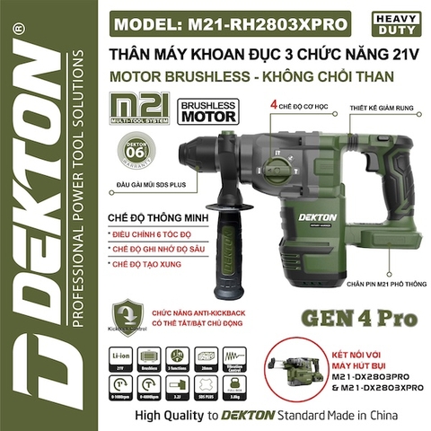 Máy Khoan Đục Bê Tông Pin 3 Chức Năng DEKTON M21-RH2803XPRO Có Chống Giật (Anti-Kickback)