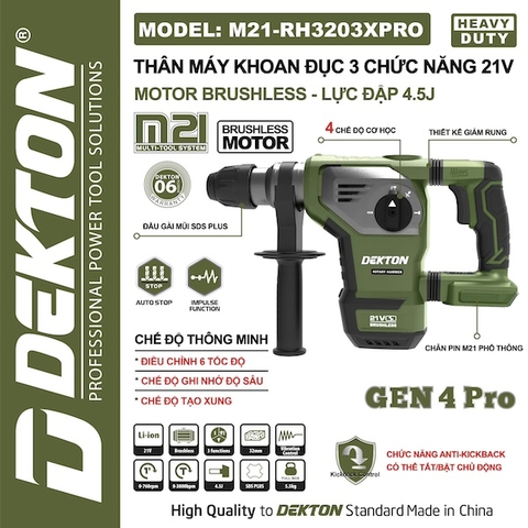Máy Khoan Đục Bê Tông Pin 21V DEKTON M21-RH3203XPRO Motor Brushless Lực Đập 4.5J