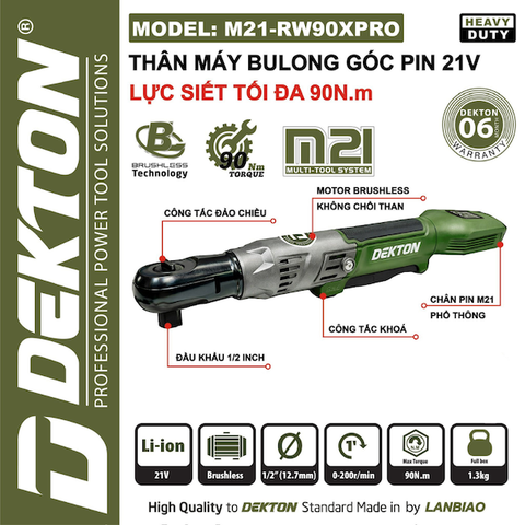 Máy Siết Bulong Góc Pin 21V Dekton M21-RW90XPRO – Lực Siết 90Nm, Động Cơ Không Chổi Than (Brushless)