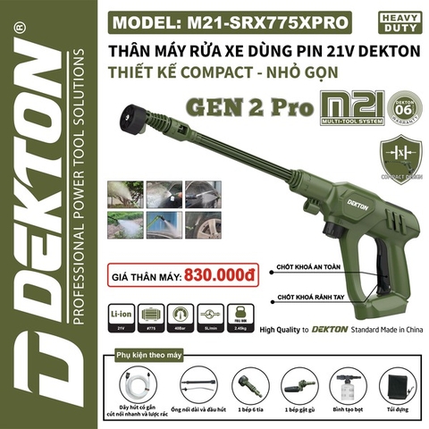 Máy Rửa Xe Dùng Pin Dekton M21-SRX775PRO 21V - Áp Lực 48 Bar, Thiết Kế Nhỏ Gọn