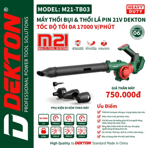 MÁY THỔI BỤI, THỔI LÁ DÙNG PIN 21V DEKTON M21-TB03 - MẪU MỚI NHẤT