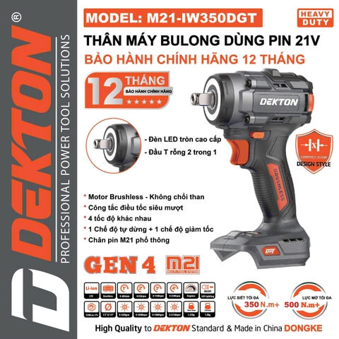 Thân Máy Siết Bulong Pin Dekton M21-IW350DGT – Lực Siết 350N.m, Động Cơ Brushless (Chính Hãng)