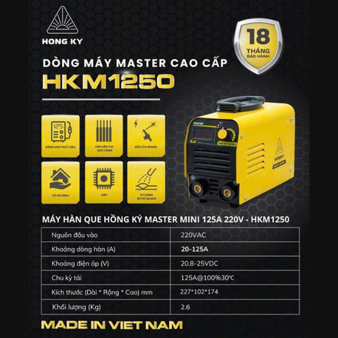 Máy Hàn Que Hồng Ký Master Mini 125A 220V – HKM1250 (Inverter IGBT – Bảo Hành 18 Tháng)