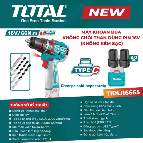 Máy Khoan Búa Không Chổi Than 16V Total TIDLI16665 (66N.m – Đầu Kim Loại 13mm – Kèm 2 Pin Sạc Type-C)