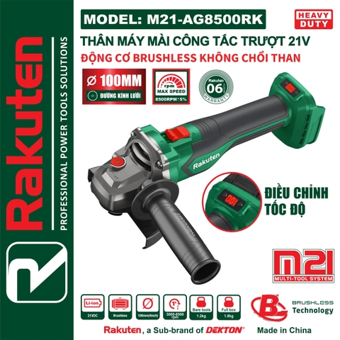 Thân Máy Mài Góc Pin 21V Rakuten M21-AG8500RK – Động Cơ Brushless, Công Tắc Trượt (Chính Hãng)