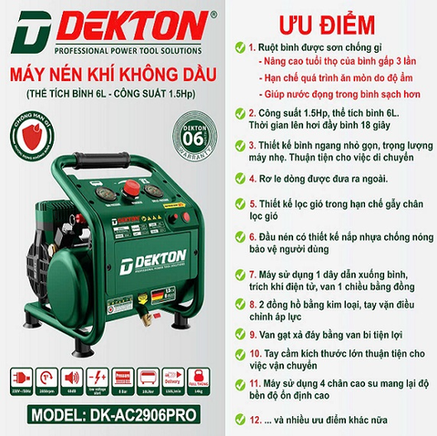 Máy Nén Khí Không Dầu Dekton DK-AC2906XPRO (1.5HP - 6L) - Nạp Hơi Siêu Tốc 18 Giây