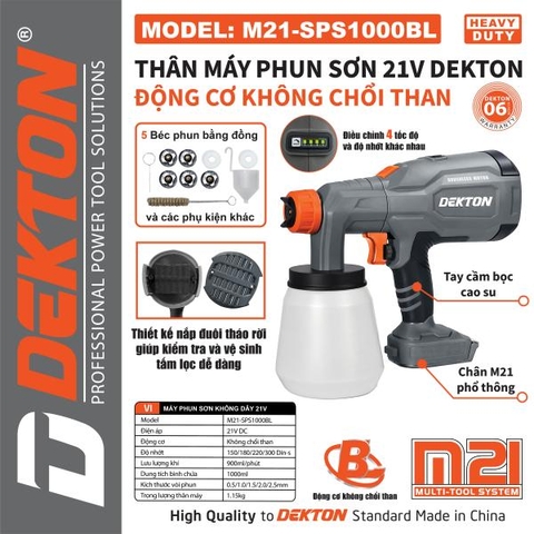 Thân Máy Phun Sơn Pin Dekton M21-SPS1000BL – Động Cơ Brushless, 5 Béc Phun Đồng (Chính Hãng)