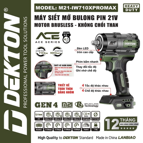 Thân Máy Siết Bulong Pin Dekton M21-IW710XPROMAX – Lực Siết 710Nm, Động Cơ Brushless (Chính Hãng)